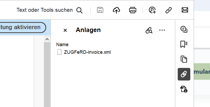 Ob es sich bei einer als PDF erhaltenen Rechnung um eine E-Rechnung als ZUGferD handelt, sieht man, wenn man das PDF öffnet und auf die „Büroklammer“ klickt … dann geht ein Fenster auf und es muss eine XML-Datei angehängt sein.